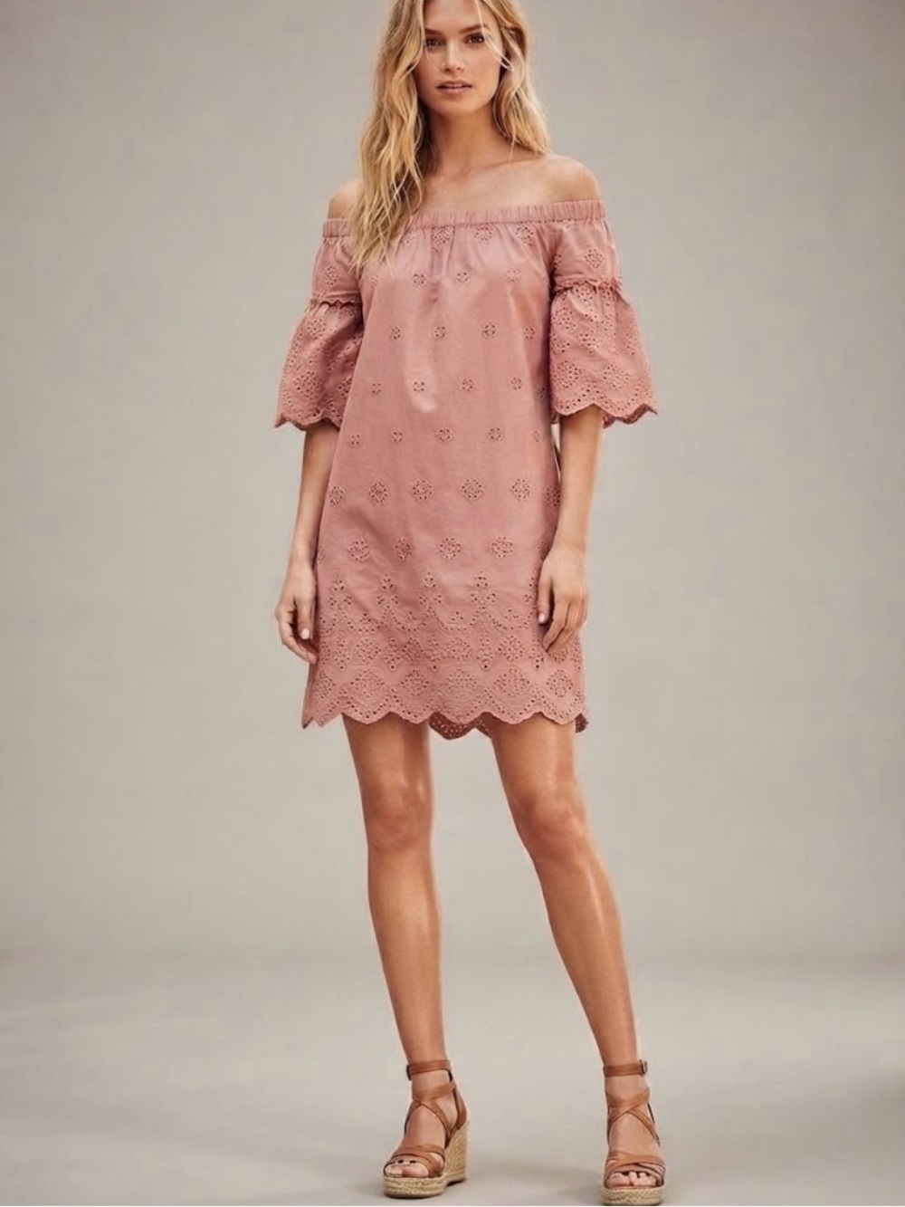 Madewell Blush Pink Off-Shoulder Eyelet Mini Dress